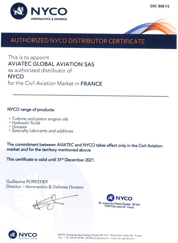 Aviatec Authorized Distributor Certificate nyco